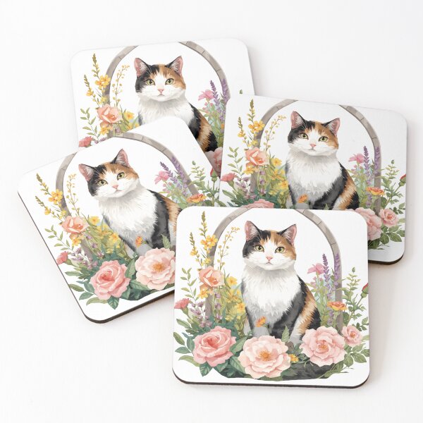 Item preview, Vintage Watercolor Floral Cat - Aesthetic Calico Kitten with Roses Sticker designed and sold by Timastorart.