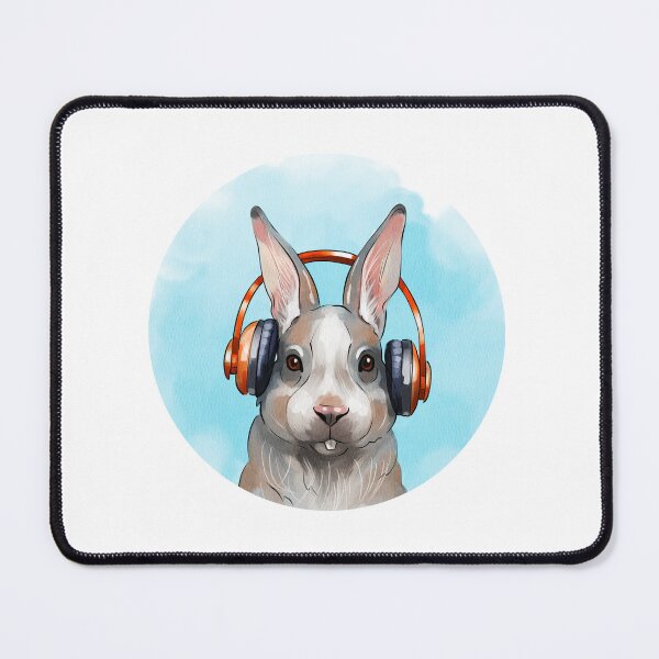Item preview, Rabbit with headphones enjoying music in a cartoon style against a light blue background designed and sold by Ms. Iryna.