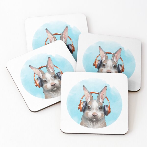 Item preview, Rabbit with headphones enjoying music in a cartoon style against a light blue background designed and sold by Ms. Iryna.