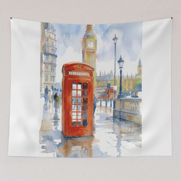 Item preview, Big Ben Red Phone Box Rainy London Watercolor designed and sold by caracatita75.