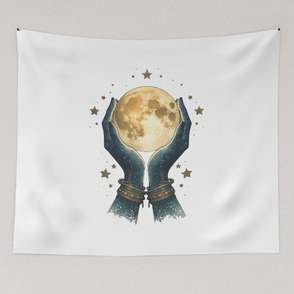 Item preview, Celestial Hands Holding Moon – Mystic Boho Spiritual Art designed and sold by catcurio.