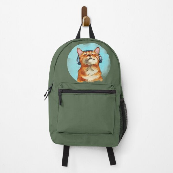 Item preview, Cat with headphones enjoys music in a colorful setting with bright blue background and a relaxed expression on its face designed and sold by Ms. Iryna.