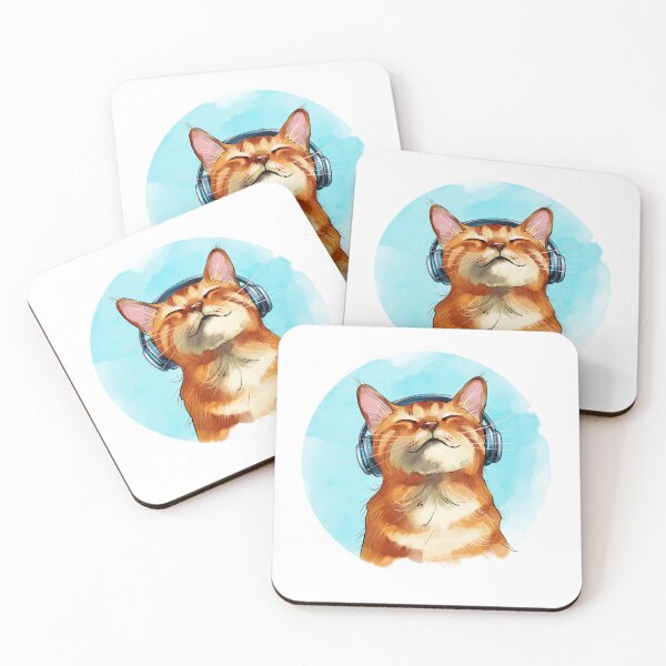 Item preview, Cat with headphones enjoys music in a colorful setting with bright blue background and a relaxed expression on its face designed and sold by Ms. Iryna.