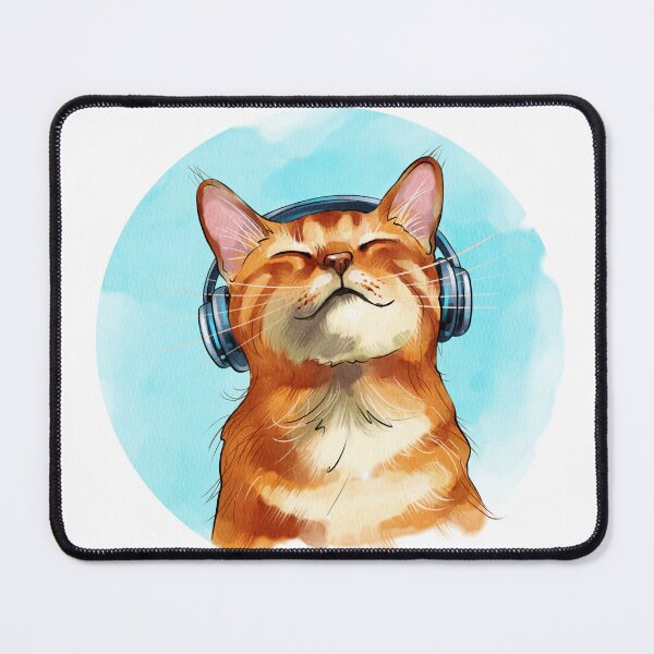 Item preview, Cat with headphones enjoys music in a colorful setting with bright blue background and a relaxed expression on its face designed and sold by Ms. Iryna.