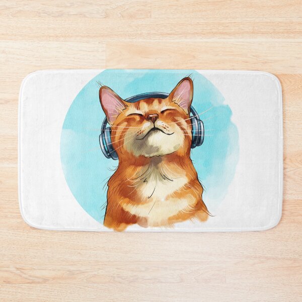 Item preview, Cat with headphones enjoys music in a colorful setting with bright blue background and a relaxed expression on its face designed and sold by Ms. Iryna.