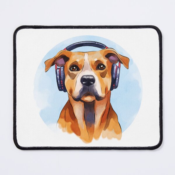 Item preview, Dog with headphones listens to music and enjoys time indoors while relaxing and having fun with its owner in the living room designed and sold by Ms. Iryna.