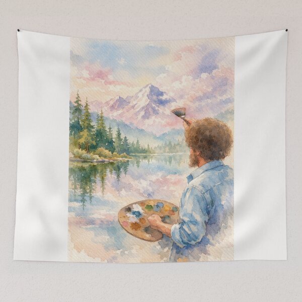 Item preview, Bob Ross Watercolor Style Mountain Lake Soft Pastel Landscape designed and sold by Places On Earth.