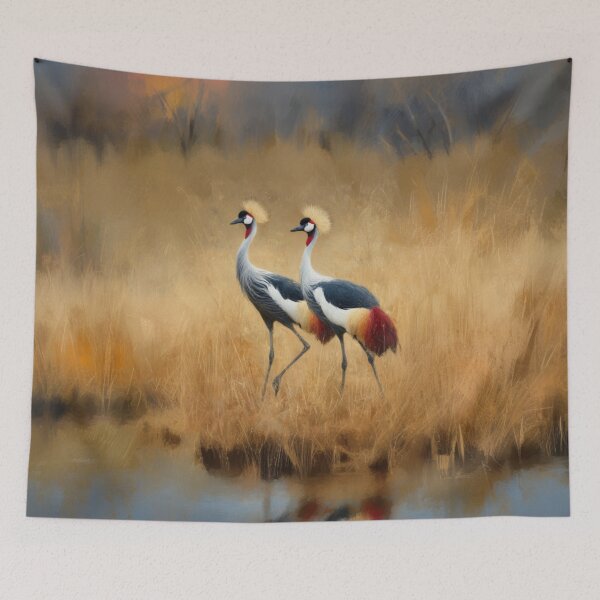 Item preview, A pair of Crimson Crowned Cranes dancing in tall grass, Birds in Motion designed and sold by CDC40.