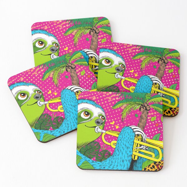 Item preview, Pop art style illustration of a Sloth Playing Trumpet Among Tropical Plants designed and sold by Artessie.