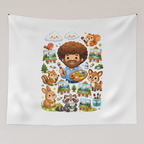 Item preview, Bob Ross Cartoon Painter Surrounded by Animals and Mini Landscapes designed and sold by Aryabek.