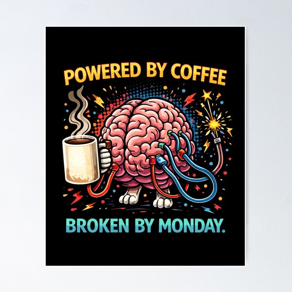 Item preview, Powered by Coffee, Broken by Monday Brain designed and sold by LOL-N-LIFESTYLE.
