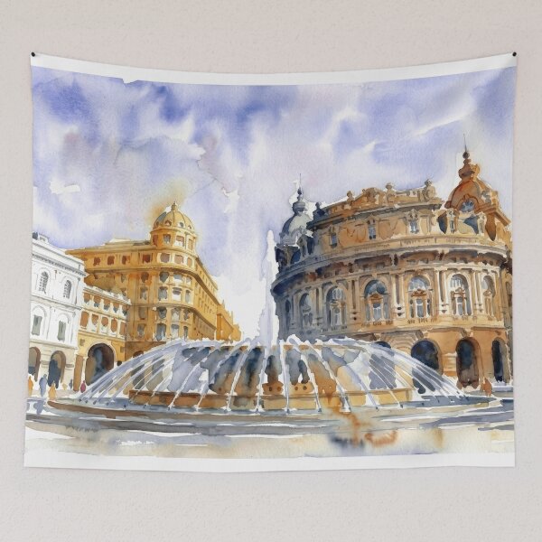 Item preview, Piazza De Ferrari Genoa Fountain Watercolor Cityscape designed and sold by caracatita75.