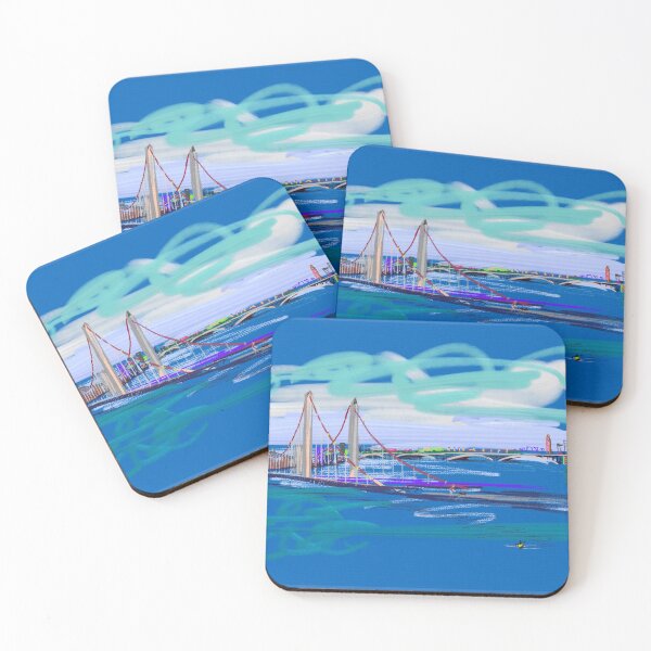 Item preview, Jazzy blue sketch of Battersea and Vauxhall bridges over the Thames in London designed and sold by ImogenArt.