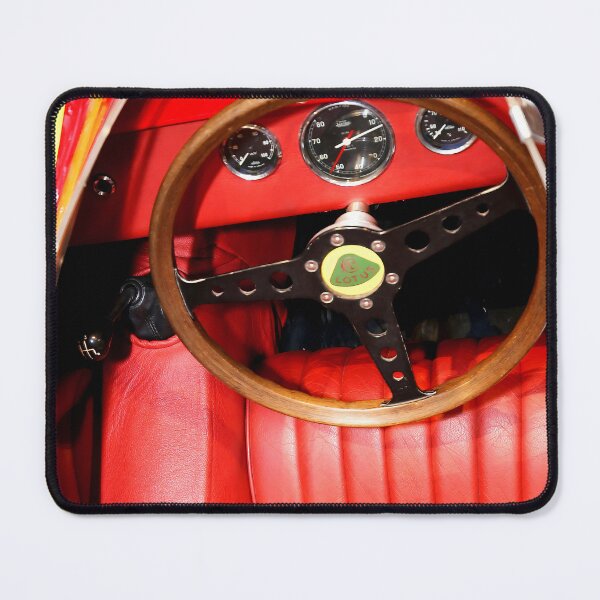 Item preview, 1956 Lotus Eleven Race Car Interior - Vintage Red Interior & Steering Wheel Detail designed and sold by Peter Kraaibeek | Generative Designs and Car Art.