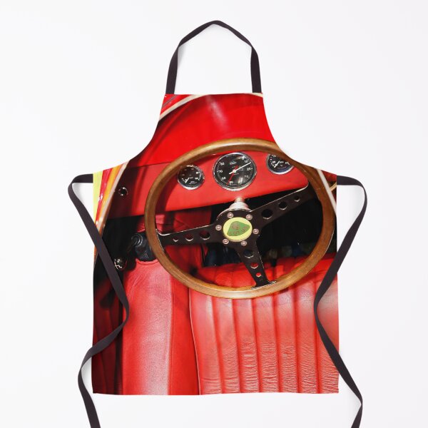 Artikelvorschau, Lotus Eleven Rennwagen-Interieur von 1956 – Vintage-rote Innenausstattung & Lenkraddetails entworfen und verkauft von Peter Kraaibeek | Generative Designs and Car Art.