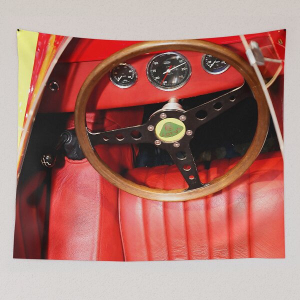 Item preview, 1956 Lotus Eleven Race Car Interior - Vintage Red Interior & Steering Wheel Detail designed and sold by Peter Kraaibeek | Generative Designs and Car Art.