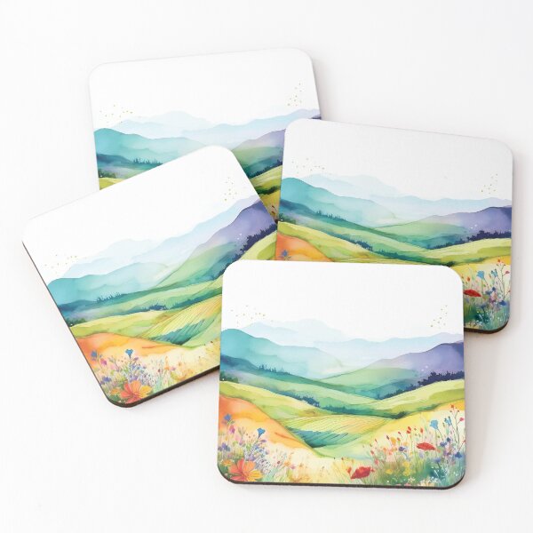 Item preview, Springtime Rolling hills Mountain Landscape Spring Boho watercolour pastel wildflower garden painting, nature inspired neutral colours floral spring botanical flowers designed and sold by navitalidesign.