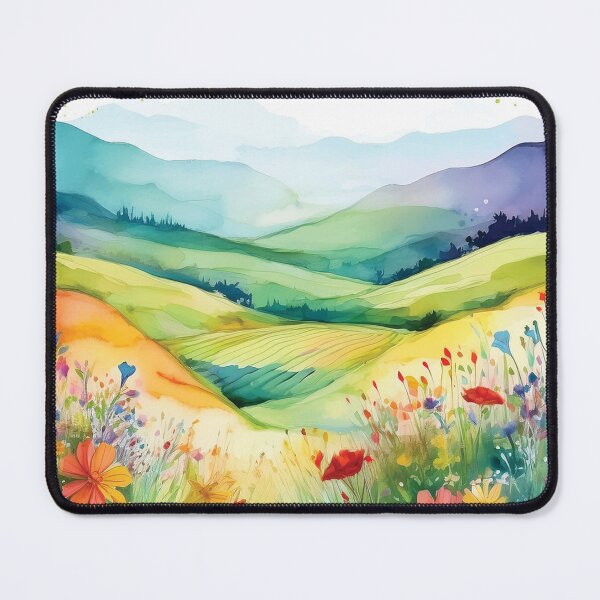 Item preview, Springtime Rolling hills Mountain Landscape Spring Boho watercolour pastel wildflower garden painting, nature inspired neutral colours floral spring botanical flowers designed and sold by navitalidesign.