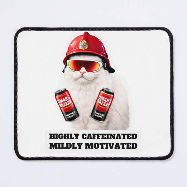 Item preview, Funny Persian Cat Firefighter Sticker | Highly Caffeinated Mildly Motivated Meme | Umar’s Bazaar Energy Drink Cat designed and sold by UmarSBazaaR.