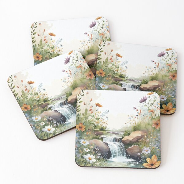 Item preview, Vintage boho watercolour waterfall floral spring landscape painting,  wildflowers stream, botanicals watercolor garden, nature waterfall peaceful serenity  designed and sold by navitalidesign.
