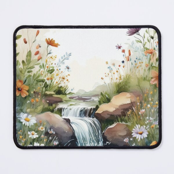 Item preview, Vintage boho watercolour waterfall floral spring landscape painting, wildflowers stream, botanicals watercolor garden, nature waterfall peaceful serenity designed and sold by navitalidesign.