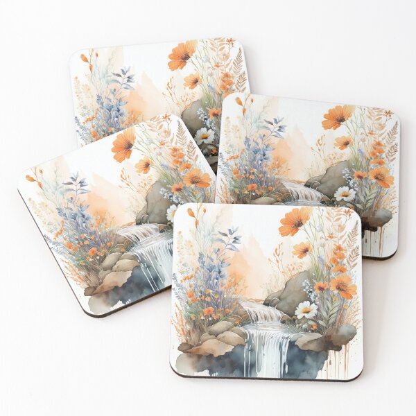Item preview, Dusty blue and burnt orange Vintage boho watercolour waterfall floral spring landscape painting,  wildflowers stream, botanicals watercolor garden, nature waterfall peaceful serenity  designed and sold by navitalidesign.