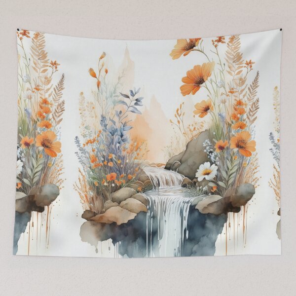 Item preview, Dusty blue and burnt orange Vintage boho watercolour waterfall floral spring landscape painting,  wildflowers stream, botanicals watercolor garden, nature waterfall peaceful serenity  designed and sold by navitalidesign.