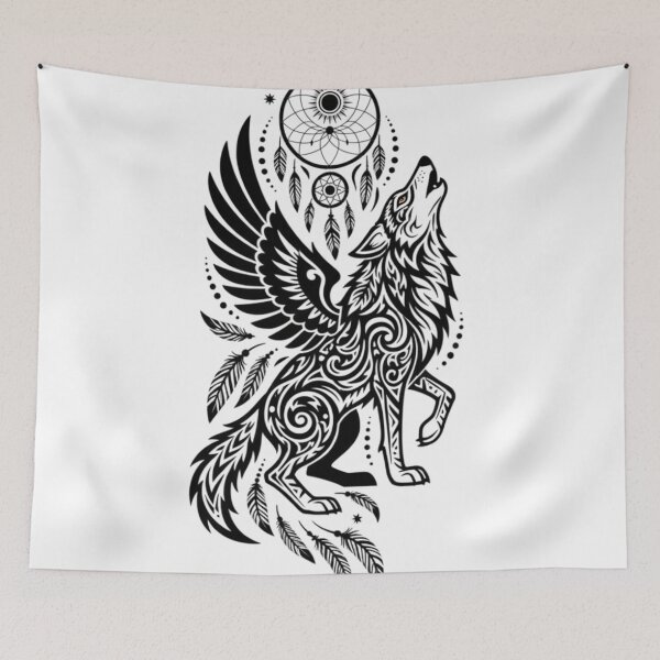 Item preview, Celestial Winged Wolf Dreamcatcher Tribal Art designed and sold by Ossvio.