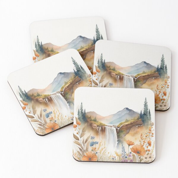 Item preview, Sage green and burnt orange Vintage boho watercolour waterfall floral spring landscape painting,  wildflowers stream, botanicals watercolor garden, mountains, nature waterfall peaceful serenity  designed and sold by navitalidesign.