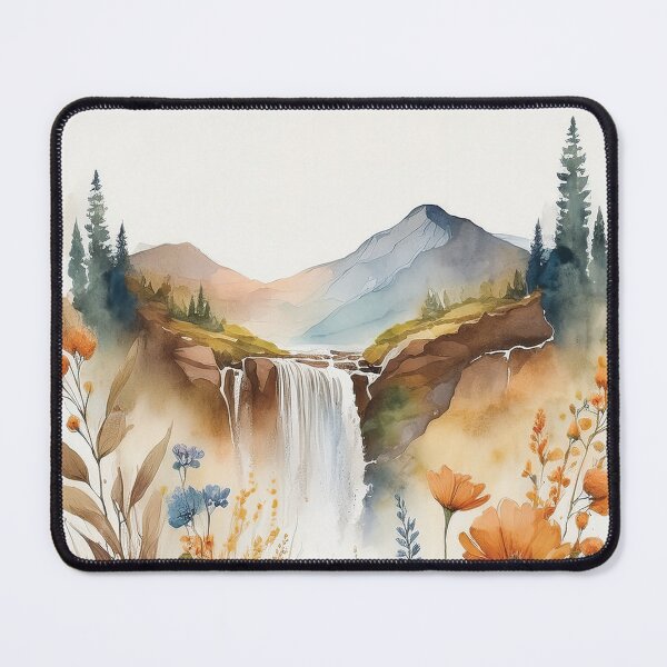 Item preview, Sage green and burnt orange Vintage boho watercolour waterfall floral spring landscape painting, wildflowers stream, botanicals watercolor garden, mountains, nature waterfall peaceful serenity designed and sold by navitalidesign.