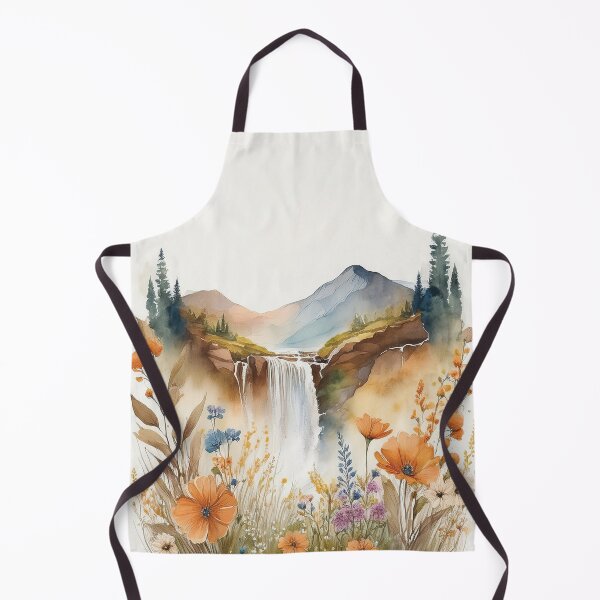 Item preview, Sage green and burnt orange Vintage boho watercolour waterfall floral spring landscape painting, wildflowers stream, botanicals watercolor garden, mountains, nature waterfall peaceful serenity designed and sold by navitalidesign.