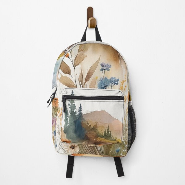 Item preview, Sage green and burnt orange Vintage boho watercolour waterfall floral spring landscape painting, wildflowers stream, botanicals watercolor garden, mountains, nature waterfall peaceful serenity designed and sold by navitalidesign.
