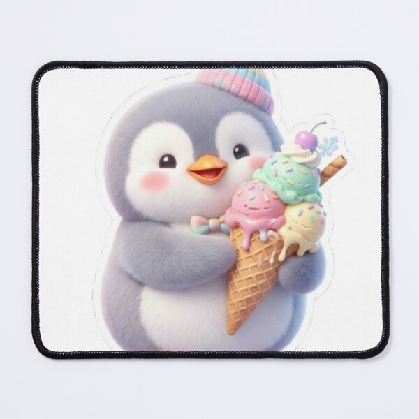 Aperçu de l'œuvre Autocollant 3D kawaii d'un pingouin mignon mangeant une glace créée et vendue par MiniPrintMagic.