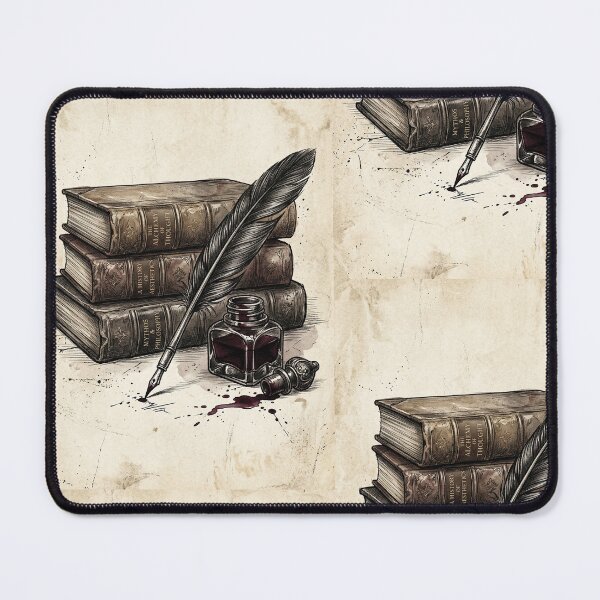 Item preview, Dark Academia Writing Desk – Vintage Books & Quill Ink Illustration designed and sold by KAYJAY DESIGNS.
