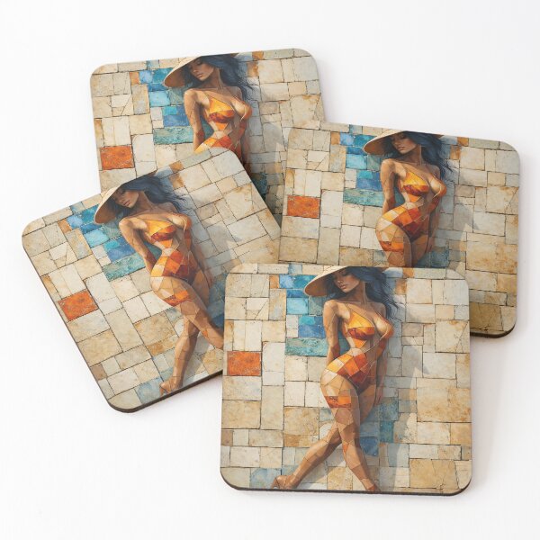 Item preview, Geometric Mosaic Woman in Orange Swimsuit | Stylish Summer Wall Art designed and sold by Kaleidoscope Print.