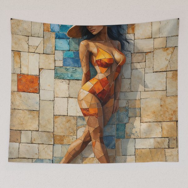 Item preview, Geometric Mosaic Woman in Orange Swimsuit | Stylish Summer Wall Art designed and sold by Kaleidoscope Print.