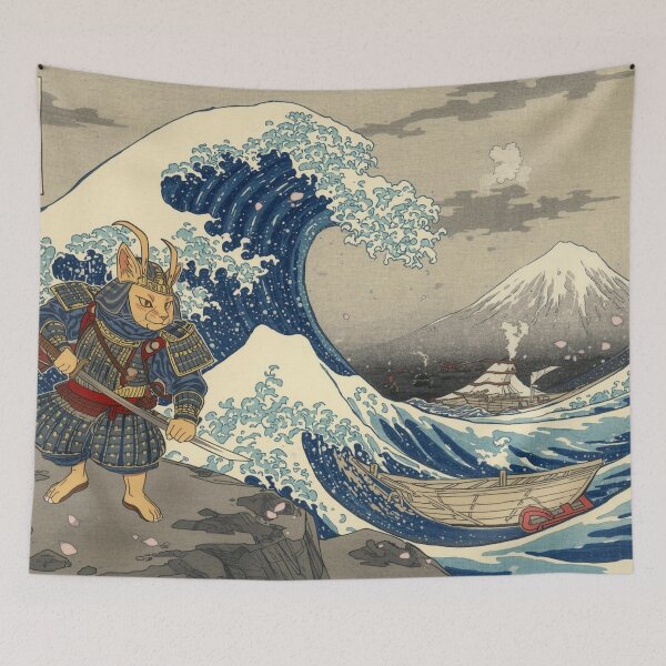 Item preview, Samurai Cat vs The Great Wave Ukiyo-e Japanese Woodblock Print - Epic Warrior Cat Facing Giant Ocean Wave Hokusai Style Art designed and sold by Vandy Fullam.