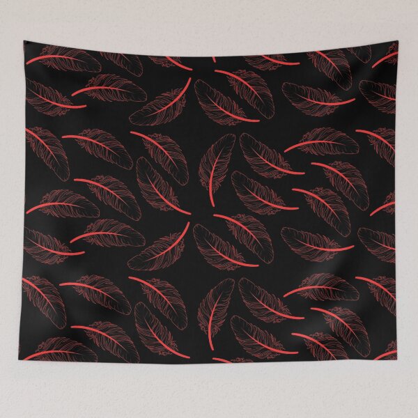 Item preview, Beautiful decorative pattern or illustration featuring multiple red-outlined feathers scattered across a solid black background designed and sold by Giree07.