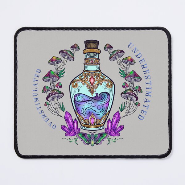 Item preview, Overstimulated Underestimated Potion Bottle Mushroom Crystal Moth Neurodivergent Witchy Design designed and sold by Ink & Kind Studio.