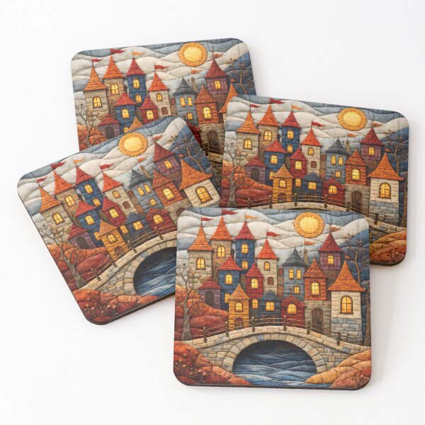 Item preview, Whimsical Autumn Village Quilt Art | Cozy Fairytale Town Landscape Print designed and sold by Kaleidoscope Print.