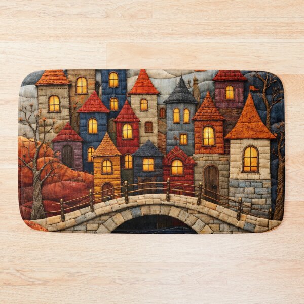 Item preview, Whimsical Autumn Village Quilt Art | Cozy Fairytale Town Landscape Print designed and sold by Kaleidoscope Print.