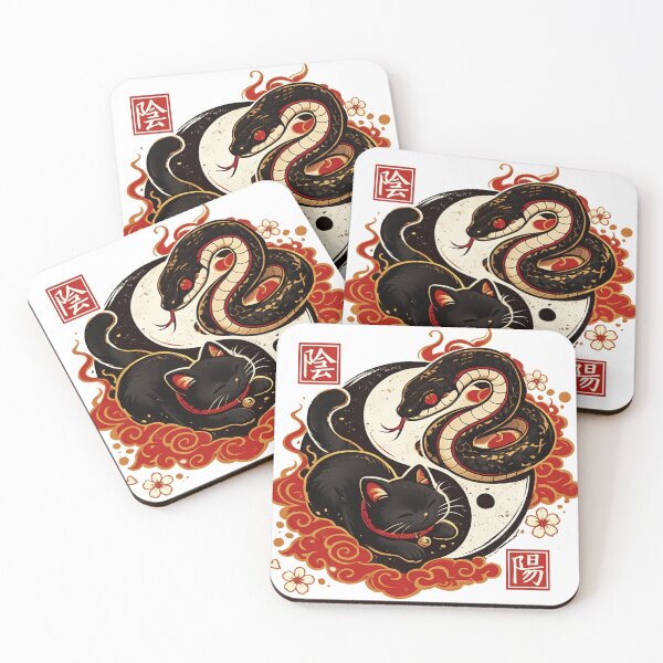 Item preview, Yin Yang Black Cat and Snake Japanese Art designed and sold by ZenvyraLab.