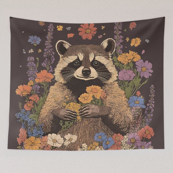 Artikelvorschau, Cottagecore-T-Shirt mit Waschbär-Blumenmuster – Verspielte Wildblumenwiese entworfen und verkauft von Nyx Creates.
