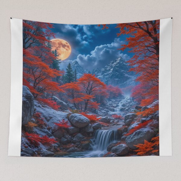 Item preview, Moonlit Autumn Waterfall – Red Forest Mountain Fantasy Art designed and sold by BeautifulVirtues.