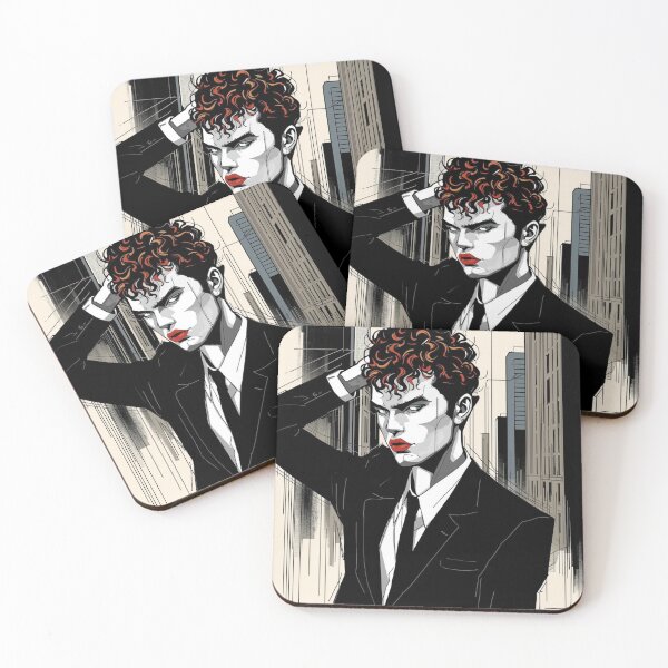 Item preview, Dark Editorial Fashion Illustration — Androgynous Comic Art Portrait Bold Red Lips Black Suit Gender Fluid Art Print designed and sold by Sixième Studio.
