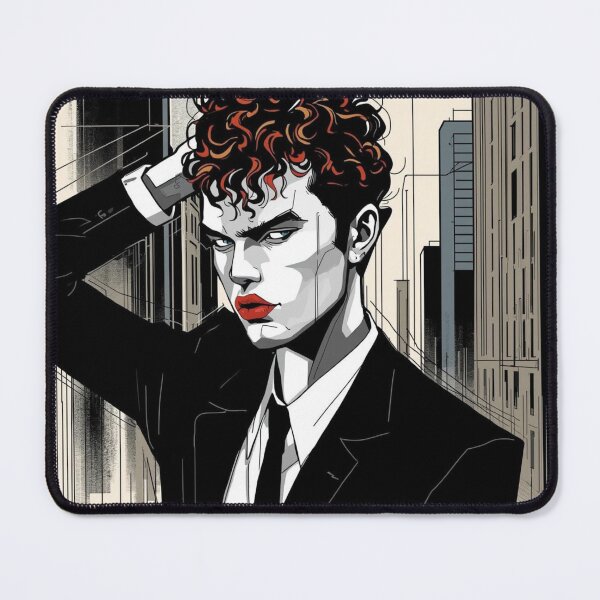 Item preview, Dark Editorial Fashion Illustration — Androgynous Comic Art Portrait Bold Red Lips Black Suit Gender Fluid Art Print designed and sold by Sixième Studio.