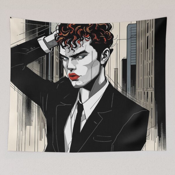 Item preview, Dark Editorial Fashion Illustration — Androgynous Comic Art Portrait Bold Red Lips Black Suit Gender Fluid Art Print designed and sold by Sixième Studio.