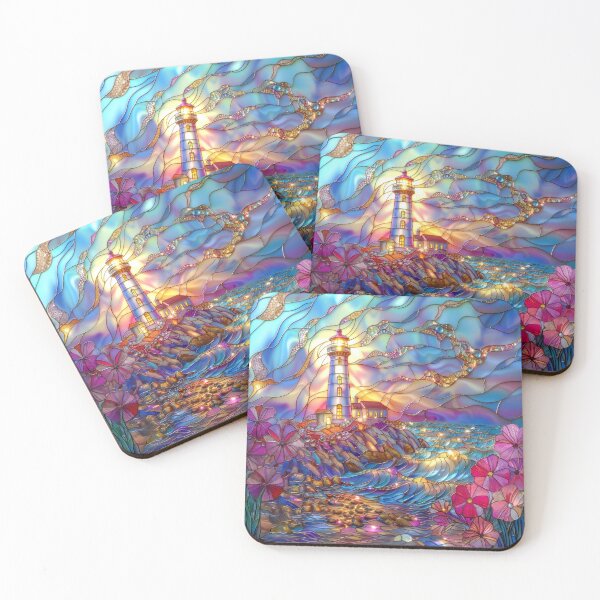 Item preview,  Stained Glass Lighthouse Sunset Art, Coastal Ocean Scene designed and sold by MargaretWiktor.