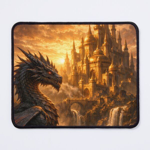 Item preview, Dragon Guardian Over Golden Castle – Epic Fantasy Dragon Art designed and sold by DrakariArt.