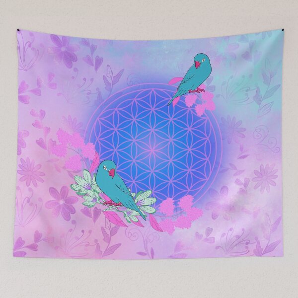 Item preview, Blue Parakeets & Flower of Life – Soft, Soothing and Colorful Pattern designed and sold by Le royaume des fleurs.